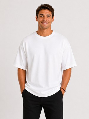 Vasto Moda Erkek Oversize Kalın Dokulu %100 Organik Pamuk Bisiklet Ribana Yakalı Beyaz T-Shirt