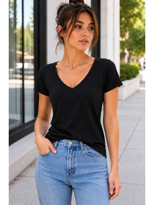 Hayalet Kadın V Yaka Kısa Kollu T-Shirt Ultra Soft Basic Bluz