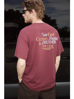 Grimelange Colıbrı Erkek Ön Arka Baskı Detaylı Oversize Kısa Kollu Bisiklet Yaka Organik Pamuklu Kiremit Rengi T-Shirt