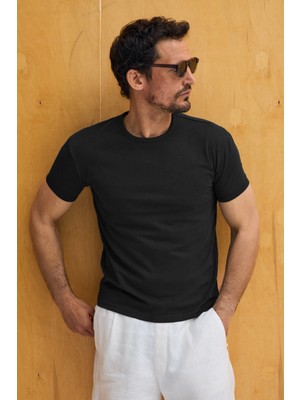 Grimelange Prımor Erkek Yumuşak ve Esnek Kumaşlı Organik Pamuklu Yuvarlak Yakalı Siyah T-Shirt