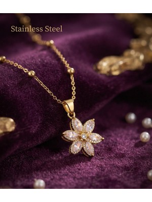 Stainless Steel 316L Çelik Zincir Gold Renk Zirkon Taşlı Çiçek Model Kolye