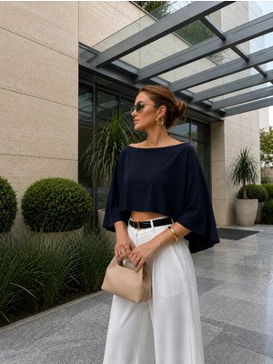 Tarz Cool Kadın Kayık Yaka Pelerin Bluz Salaş Şık Crop Bluz