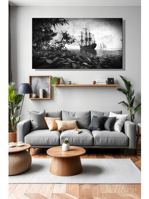 Şehber Panoramik Yatay Kanvas Tablo Tekli Ev Kafe Ofis Siyah Beyaz Hareketli Gravür Deniz Yelkenlisi 2901
