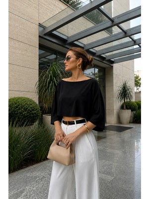 Tarz Cool Kadın Kayık Yaka Pelerin Bluz Salaş Şık Crop Bluz