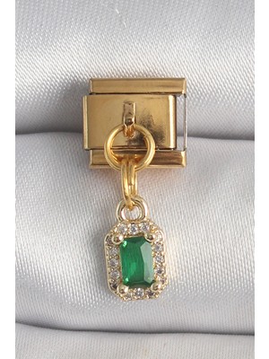 Marsilyan 316L Çelik Gold Renk Sallantı Kare Yeşil Zirkon Taşlı Nomination Charm 5886