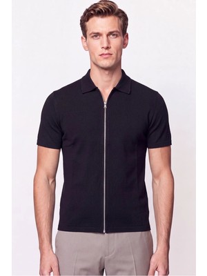 Efor Erkek Comfort Fit Rahat Kalıp Polo Yaka Fermuarlı Siyah Tişört TS 930