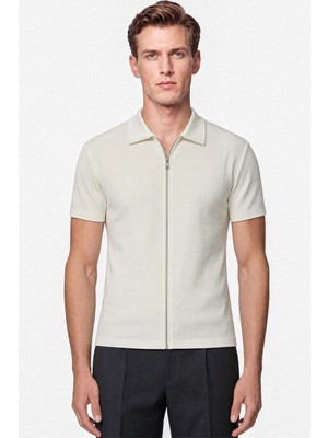 Efor Erkek Comfort Fit Rahat Kalıp Polo Yaka Fermuarlı Ekru Beyaz Tişört TS 930