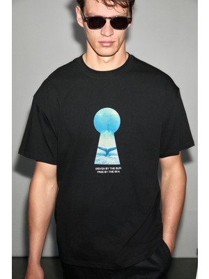 Grimelange Tıburcıo Erkek %100 Organik Pamuklu Yuvarlak Yakalı Baskı Detaylı Siyah T-Shirt