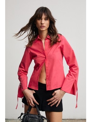 Grimelange Janeta Kadın Kolları Biye Bağlamalı Slim Fit Vucuda Oturan Beyaz Nar Çiçeği Gömlek