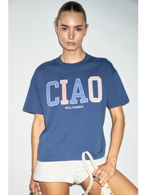 Grimelange Cascaıs Kadın %100 Organik Pamuklu Patch Detaylı Regular Fit Lacivert T-Shirt
