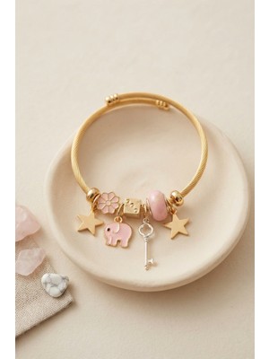 Solenya Anahtar ve Fil Model Pembe Charmlı Bileklik