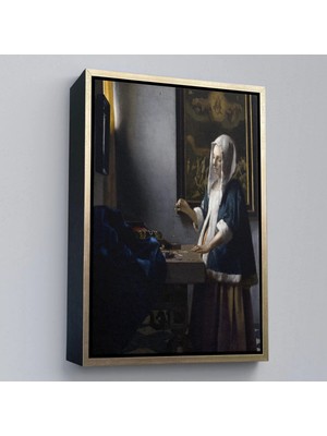 Trezon Ahşap Çerçeveli Johannes Vermeer - Teraziyi Tutan Kadın Tablosu - A Woman Holding A BALANCE-7500
