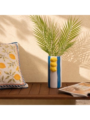 Matmel Deco Çizgili Limon Vazo - Mavi / Krem- 23X11 cm
