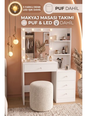 Robin Home Hollywood LED Işıklı Puflu Makyaj Masası Takımı 4 Çekmeceli Düzenleyici Raflı Beyaz