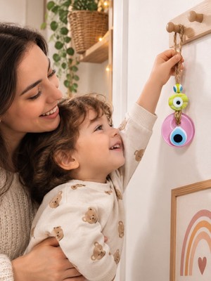 Novaly Store El Yapımı Pembe Cam Nazar Boncuğu Duvar Süsü – Dekoratif Askılı Nazarlık
