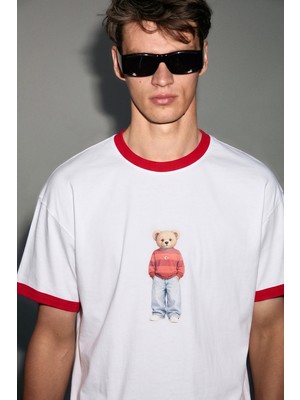 Grimelange Bamsı Erkek %100 Organik Pamuklu Kontrast Yakalı Dünya Kupasına Özel Baskılı Beyaz T-Shirt