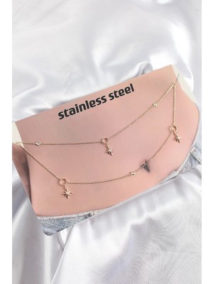 Marsilyan 316L Çelik Zirkon Taşlı Kutup Yıldızı Model Gold Renk Göbek Bel Zinciri 5886