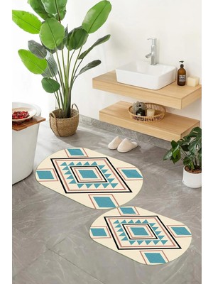 Mikasso Dijital Baskılı Kaymaz Taban Yıkanabilir Oval Banyo Paspası 2'li Klozet Takımı Polyester Çok Renkli