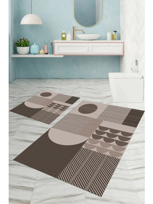 Mikasso Dijital Baskılı Yıkanabilir Kaymaz Taban Modern Desen Banyo Paspası Klozet Takımı Polyester Kahveren