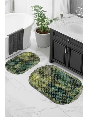 Mikasso Dijital Baskılı Kaymaz Taban Yıkanabilir Oval Banyo Paspası 2'li Klozet Takımı Polyester Çok Renkli