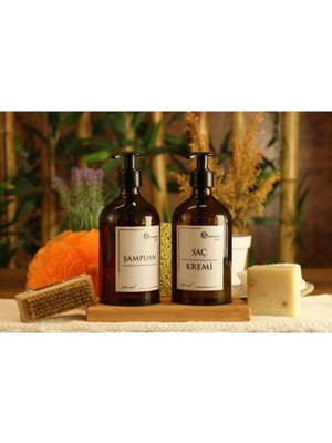 Mikasso 2'li 500 ml Amber Kahverengi Cam Şampuan & Saç Kremi Şişesi Beyaz Etiketli Cam Sarı