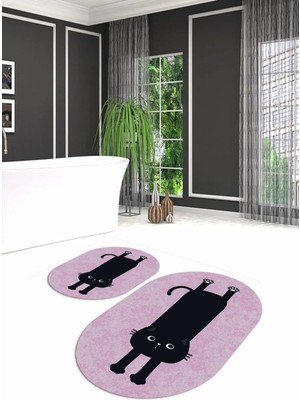Mikasso Dijital Kaymaz Yıkanabilir Kedi Desen Oval Banyo Takımı Klozet Takımı, N-O-Klozet-39-Pembe, Polyeste