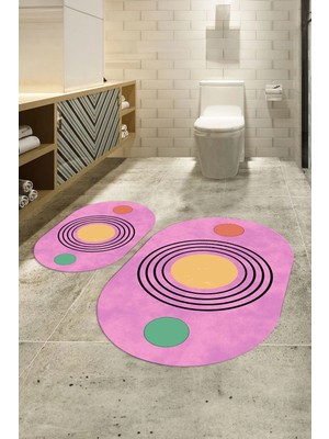 Mikasso Dijital Baskılı Kaymaz Taban Yıkanabilir Oval Banyo Takımı Klozet Takımı, N-O-Klozet-49-Pembe, Polye