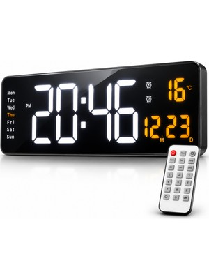 Multizone Dijital LED Duvar Saati 40 cm Büyük Ekran Uzaktan Kumandalı Sıcaklık Takvim Alarm Siyah Dikdörtgen