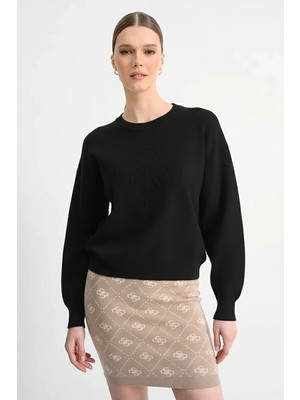 Guess Uzun Kollu Bisiklet Yaka Parker 4g Logolu Triko Kadın Siyah Triko W6RR48Z26I2-JBLK