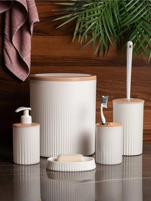 Mikasso 5'li Banyo Seti–modern Kapaklı Çöp Kovası, Diş Fırçalık, 2 Sabunluk & Tuvalet Fırçası Plastik Beyaz