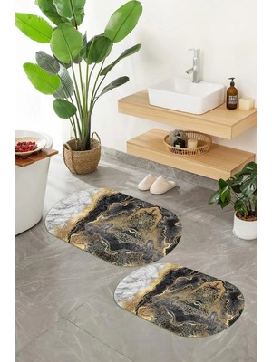 Mikasso Dijital Kaymaz Taban Yıkanabilir Mermer Desen Oval Banyo Paspası 2'li Klozet Takımı Polyester Çok Re