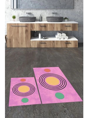 Mikasso Baskılı Yıkanabilir Kaymaz Modern Ikili Banyo Halısı Paspas Klozet Takımı Polyester Pembe