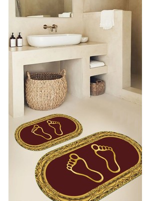 Mikasso Dijital Kaymaz Taban Yıkanabilir Ayak Izi Desen Oval Banyo Paspası 2'li Klozet Takımı Polyester Çok