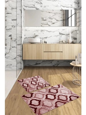 Mikasso Dijital Baskılı Yıkanabilir Kaymaz Taban Kupa Modelli Banyo Paspası Klozet Takımı Polyester Bordo