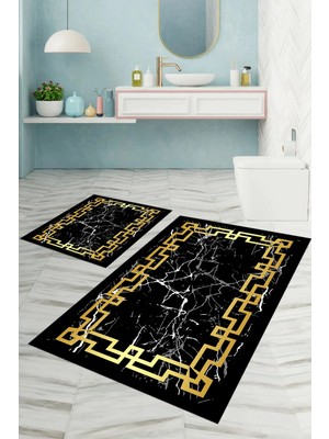Mikasso Dijital Baskılı Yıkanabilir Çerçeveli Mermer Model Banyo Paspası Klozet Takımı Polyester Altın