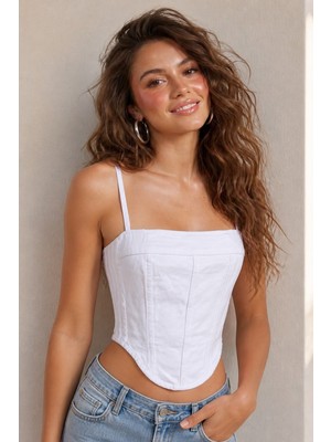 Mandala Tekstil Kadın Denim Askılı Arkası Bağcıklı Korse Bluz