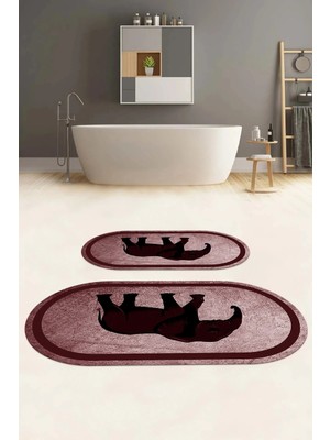 Mikasso Dijital Baskılı Yıkanabilir Kaymaz Taban Fil Figürlü Oval Banyo Paspası Klozet Takımı Polyester Bord