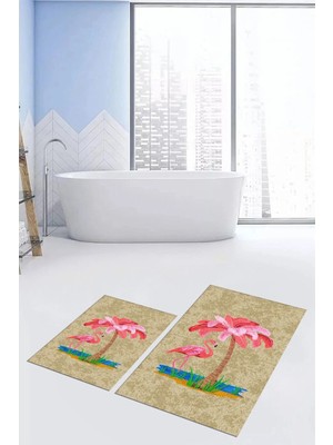 Mikasso Baskılı Yıkanabilir Kaymaz Flamingo Desenli Ikili Banyo Halısı Paspas Klozet Takımı Polyester Kahver