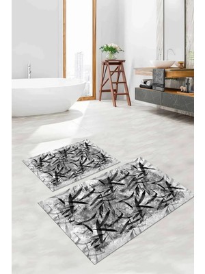 Mikasso Dijital Baskılı Yıkanabilir Kaymaz Taban Yaprak Motifli Banyo Paspası Klozet Takımı Polyester Gri