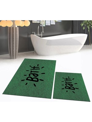 Mikasso Dijital Baskılı Kaymaz Taban Yıkanabilir Ikili Banyo Paspas Klozet Takımı, V-Klozet-09-Yeşil, Polyes