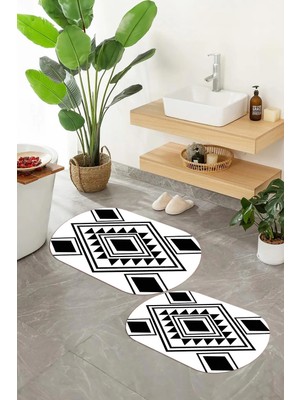 Mikasso Dijital Baskılı Kaymaz Taban Yıkanabilir Oval Banyo Paspası 2'li Klozet Takımı Polyester Çok Renkli