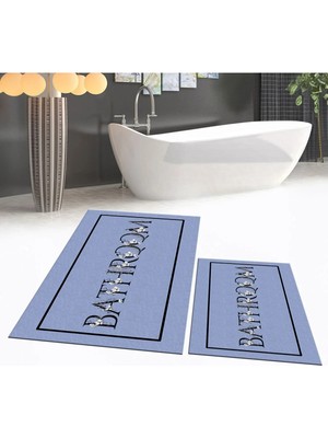 Mikasso Dijital Baskılı Kaymaz Taban Yıkanabilir Ikili Banyo Paspas Klozet Takımı, V-Klozet-06-Mavi, Polyest