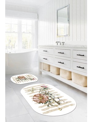 Mikasso Dijital Baskılı Yıkanabilir Kaymaz Taban Gül Motifli Oval Banyo Paspası Klozet Takımı Polyester Kahv