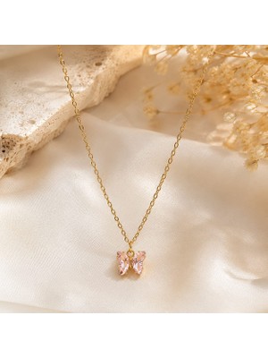 Bng Aksesuar Çelik Gold Pembe Kelebek Detaylı Zincir Kadın Kolye