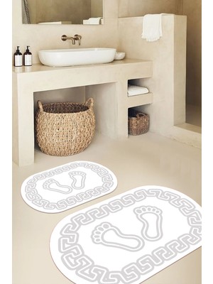 Mikasso Dijital Kaymaz Taban Yıkanabilir Ayak Izi Desen Oval Banyo Paspası 2'li Klozet Takımı Polyester Çok