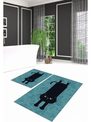 Mikasso Dijital Baskılı Kaymaz Yıkanabilir Kedi Desen Ikili Banyo Takımı Klozet Takımı, N-Klozet-39-Mavi, Po