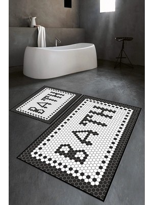 Mikasso Dijital Baskılı Kaymaz Yıkanabilir Bath Ikili Banyo Takımı Klozet Takımı Polyester Siyah