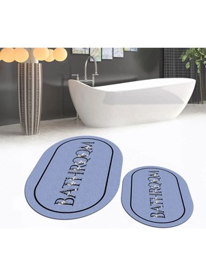 Mikasso Dijital Baskılı Kaymaz Taban Yıkanabilir Oval Ikili Banyo Paspas Klozet Takımı, V-O-Klozet-06-Mavi,