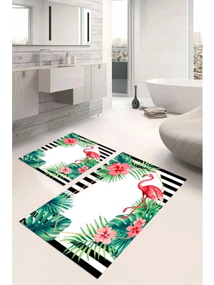Mikasso Dijital Baskılı Yıkanabilir Renkli Flamingo Desenli Banyo Paspası Klozet Takımı Polyester Beyaz