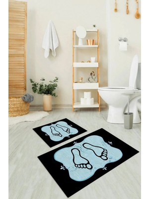 Mikasso Dijital Baskılı Kaymaz Yıkanabilir Ayak Desen Ikili Banyo Takımı Klozet Takımı Polyester Mavi